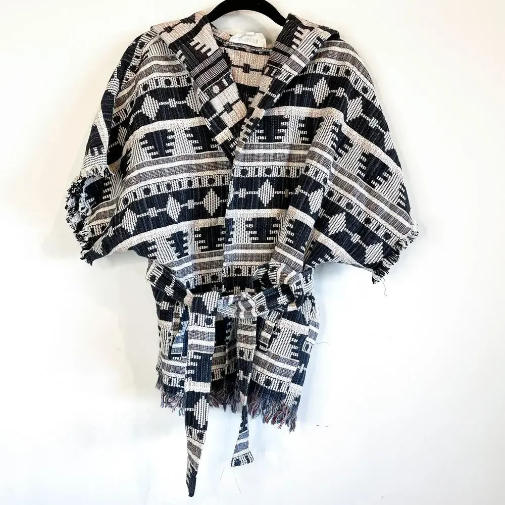 BB Dakota Black & White Print Knit Cozy Hooded Jacket w/‎ Belt Boho Women's S